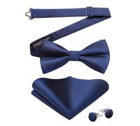 HISDERN Bow Tie for Men Navy Blue Solid Color Silk Mens Bow Tie Pre-tied with Handkerchief Cufflinks for Wedding Bowtie Pocket Square set