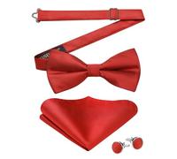 HISDERN Bow Tie for Men Red Solid Color Silk Mens Bow Tie Pre-tied with Handkerchief Cufflinks for Wedding Bowtie Pocket Square set