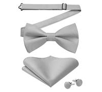 HISDERN Bow Tie for Men Wedding Pre-tied Bow Tie and Pocket Square Cufflinks Set Light Grey with Elastic Strap for Texudo Formal Business