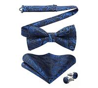 HISDERN Bow Tie Pre tied Mens Blue Paisley Bow Ties & Pocket Square Set with Cufflinks Wedding Party Bowties Handkerchief Bow-tie,Blue