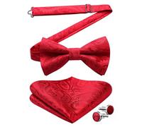 HISDERN Bow Tie Pre tied Red Paisley Bow Tie and Pocket Square Set with Cufflinks Bow Ties for Dress Shirts and Tuxedo Mens Handkerchief Formal Party Banquet