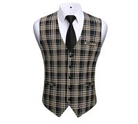 HISDERN Check Waistcoats for Men Formal Plaid Waistcoat for Wedding Party Business Casual Suit Vest With Pockets Black & Brown 4XL