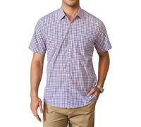 HISDERN Checked Shirts for Men Short Sleeve Casual Summer Men Plaid Shirts Formal Business Button Down Gingham Checkered Work Regular Fit with Pocket Blue & Red XL