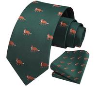 HISDERN Fox Tie for Men Green Ties Handkerchief Novelty Animal Pattern Wedding Necktie & Pocket Square Set