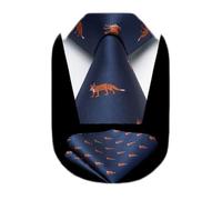 HISDERN Fox Tie for Men Navy Blue Ties Handkerchief Novelty Animal Pattern Wedding Necktie & Pocket Square Set