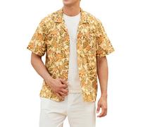 HISDERN Hawaiian Shirts for Men Short Sleeve Cotton Summer Beach Shirt Gold Leaf Print Casual Button Down for Caribbean Party S