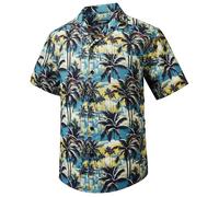 HISDERN Hawaiian Shirts for Men Short Sleeve Summer Funky Hawaii Shirt Short-Sleeved Regular Fit Beach Cuban Collar Button Down Palm Tree Shirts with Pocket Blue & Yellow 2XL