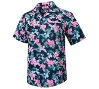HISDERN Hawaiian Shirts for Men Short Sleeve Summer Funky Hawaii Shirt Short-Sleeved Regular Fit Beach Cuban Collar Button Down Floral Shirts with Pocket Navy & Pink 3XL