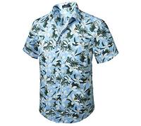 HISDERN Men Funky Hawaiian Cherry Blossoms Shirts Short Sleeve Front Pocket Holiday Summer Aloha Printed Beach Casual Blue Hawaii Shirt L