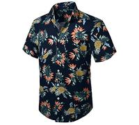 HISDERN Men Funky Hawaiian Shirt Short-Sleeve Flowers Bird Casual Summer Aloha Printed Beach Shirt Navy Blue