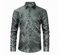 HISDERN Men‘s Silk Shirt Paisley Dress Shirts for Men Long Sleeve Button Down Wedding Party Prom Satin Tuxedo Shirts Regular Fit, Grey L