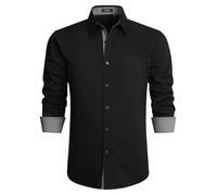 HISDERN Mens Black Shirt Long Sleeve Button Down Stretch Smart Dress Shirt for Men Adult Regular Fit Designer Formal Business Wedding Non Iron with Pockets,Black,XL