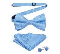 HISDERN Mens Bow Tie Light Blue Paisley Pre Tied Bow Tie for Men with Pocket Square and Cufflinks Wedding Formal Bowtie Handkerchief Set