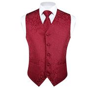 HISDERN Mens Burgundy waistcoats Paisley Floral Waistcoat Jacquard Necktie Pocket Square Handkerchief Wedding Party Business Fit Vest Suit Set 5XL