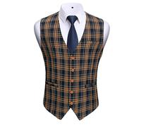 HISDERN Men's Check Waistcoats Formal Plaid Waistcoat for Wedding Party Business Casual Suit Vest With Pockets Orange & Navy Blue S