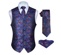 Hisdern Men's Classic Paisley Floral Jacquard Waistcoat&Necktie and Pocket Square Vest Suit Set, 3XL(Chest 54inch), Blue & Pink