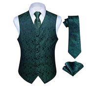 Hisdern Men's Classic Paisley Floral Jacquard Waistcoat&Necktie and Pocket Square Vest Suit Set, 6XL(Chest 64inch), Green & Purple