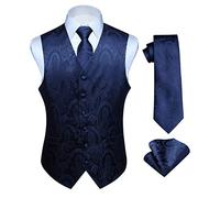 Hisdern Men's Classic Paisley Floral Jacquard Waistcoat&Necktie and Pocket Square Vest Suit Set, S(Chest 41inch), Navy Blue