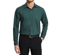 HISDERN Mens Dark Green Dress Shirt Long Sleeve Regular Fit Business Bamboo Fiber Shirt Casual Wrinkle-Free Shirt with Pocket,S