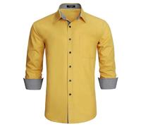 HISDERN Men's Dress Shirt Formal Wrinkle-Free Long Sleeve Regular Fit Shirts with Pocket for Wedding Party Yellow 2XL