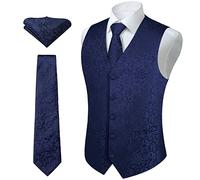 Hisdern Men's Floral Wedding Party Waistcoat Necktie Pocket Square Handkerchief Jacquard Vest Suit Set , Navy Blue 1, 4XL(Chest size 57 inch)