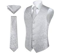 Hisdern Men's Floral Wedding Party Waistcoat Necktie Pocket Square Handkerchief Jacquard Vest Suit Set, Silver & Grey, 5XL(Chest size 60 inch)