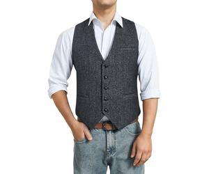 HISDERN Men's Formal Waistcoat Wedding Herringbone Tweed Wool Classic Solid Gents Single Breasted Waistcoats for Party Business Dress Suit Vest