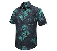 HISDERN Men's Hawaiian Shirt Short Sleeve Summer Button Down Hawaii Shirts with Front Pocket Tropical Holiday Beach Black Green 2XL