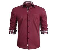 HISDERN Men's Inner Contrast Shirt Casual Formal Classic Button Down Dress Shirts Long Sleeve Plaid Collar Regular Fit 4XL Burgundy/White