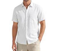HISDERN Mens Linen Shirts Short Sleeved Summer Casual Button Down Shirt Cotton Regular Fit Beach Holiday Tops with Pocket White 3XL