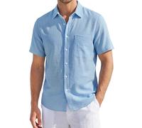 HISDERN Mens Linen Shirts Short Sleeved Summer Casual Button Down Shirt Cotton Regular Fit Beach Holiday Tops with Pocket Light Blue M