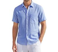 HISDERN Mens Linen Shirts Short Sleeved Summer Casual Button Down Shirt Cotton Regular Fit Beach Holiday Tops with Pocket Royal Blue L