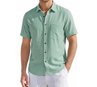 HISDERN Mens Linen Shirts Short Sleeved Summer Casual Button Down Shirt Cotton Regular Fit Beach Holiday Tops with Pocket Light Green 3XL