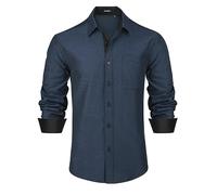HISDERN Men's Long Sleeve Dress Shirt Solid Button Down Shirts for Wedding Party Business Navy Blue M