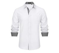 HISDERN Men's Long Sleeve Dress Shirt Solid Button Down Shirts for Wedding Party Business White M