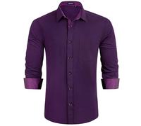 HISDERN Men's Long Sleeve Formal Plain Dress Shirt Casual Non Iron Business Classic Shirt with Pocket Purple 4XL