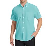 HISDERN Men's Oxford Shirts Aqua Blue Formal Short Sleeve Shirt for Men Plain Smart Button Down Shirt with Pocket Regualr Fit, L