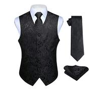 Hisdern Men's Paisley Floral Jacquard Waistcoat&Necktie and Pocket Square Vest Suit Set, 6XL(Chest 64Inches), Black