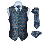 Hisdern Men's Paisley Floral Jacquard Waistcoat&Necktie and Pocket Square Vest Suit Set, Aqua & Brown, 3XL(Chest 54 inch)