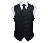 Hisdern Men's Paisley Floral Jacquard Waistcoat&Necktie and Pocket Square Vest Suit Set, Black-2, 4XL(Chest 57 inch)