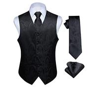 Hisdern Men's Paisley Floral Jacquard Waistcoat&Necktie and Pocket Square Vest Suit Set, Black-3, 4XL(Chest 57 inch)