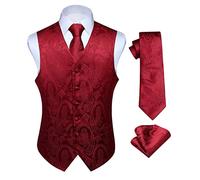 Hisdern Men's Paisley Floral Jacquard Waistcoat&Necktie and Pocket Square Vest Suit Set, Burgundy, 3XL(Chest 54inch)