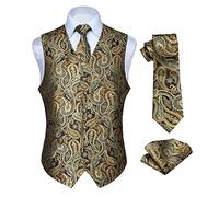 Hisdern Men's Paisley Floral Jacquard Waistcoat&Necktie and Pocket Square Vest Suit Set, Gold, L(Chest 46inch)