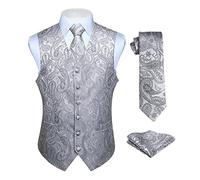 Hisdern Men's Paisley Floral Jacquard Waistcoat&Necktie and Pocket Square Vest Suit Set, Gray, 4XL(Chest 57 inch)