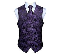Hisdern Men's Paisley Floral Jacquard Waistcoat&Necktie and Pocket Square Vest Suit Set, Purple & Black, 4XL(Chest 57 in)