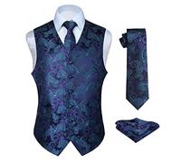 Hisdern Men's Paisley Floral Jacquard Waistcoat&Necktie and Pocket Square Vest Suit Set, Purple & Green, L(Chest 46inch)