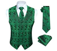 HISDERN Men's Paisley Waistcoats For Wedding Party Green Waistcoat and Necktie Pocket Square Handkerchief Jacquard Suit Vest Set 2XL