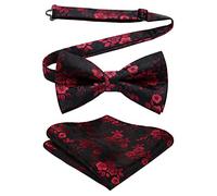 HISDERN Men's Pre-tied Bow Tie Set Paisley Jacquard Black Red Bowtie and Pocket Square for Wedding Party