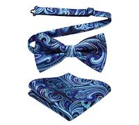 HISDERN Men's Pre-tied Bow Tie Set Paisley Jacquard Blue Aqua Bowtie and Pocket Square for Wedding Party