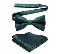 HISDERN Men's Pre-tied Bow Tie Set Paisley Jacquard green Bowtie and Pocket Square for Wedding Party